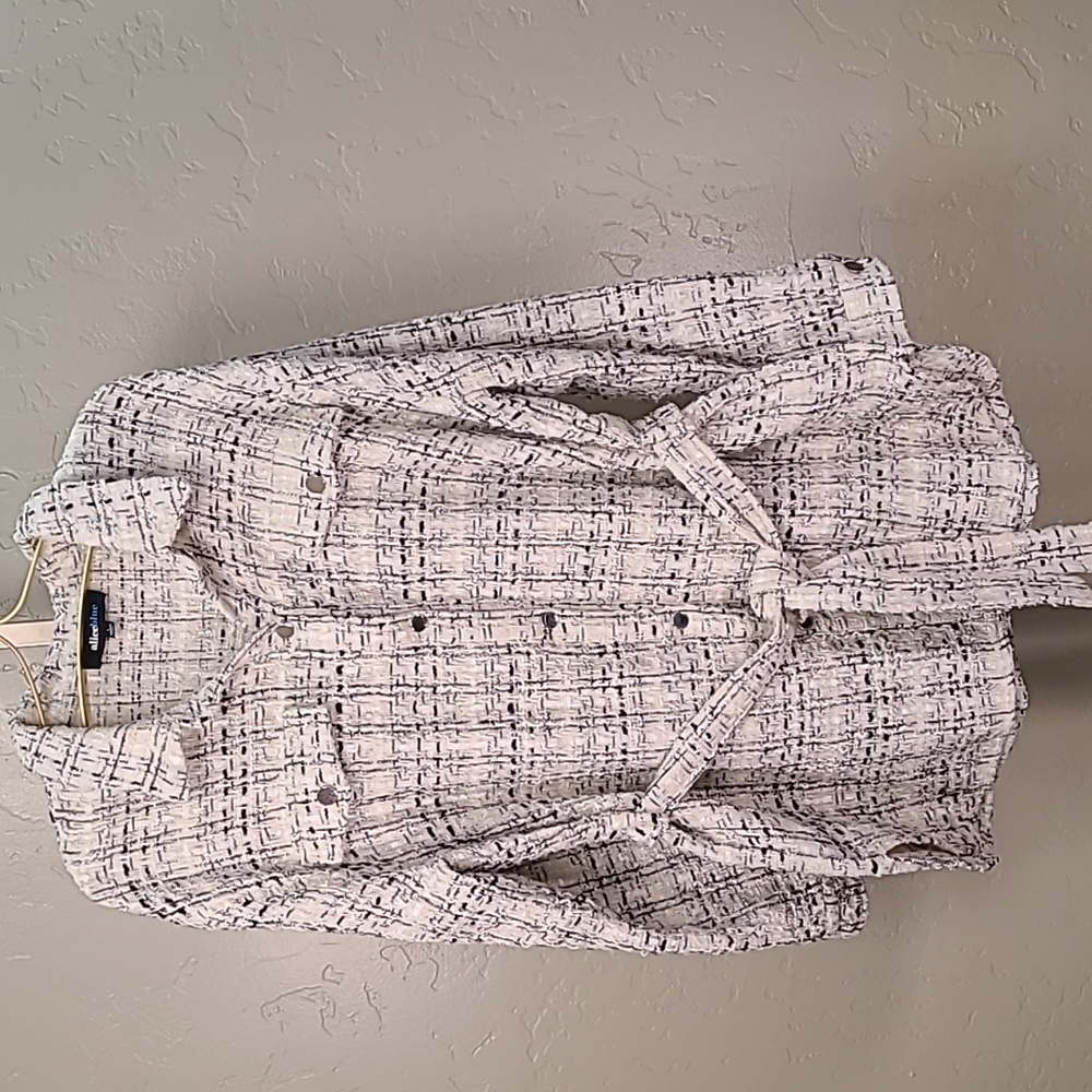 Alice Blue Women's Cream Checkered Utility Jacket Shacket Long Shirt Tweed Large
